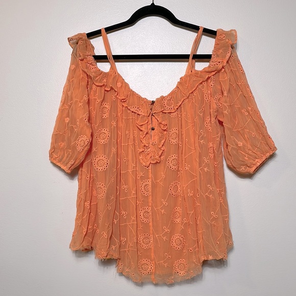 Anthropologie Floreat Tangerine Off Shoulder Semi Sheer Embroidered Blouse NWT - Picture 3 of 13